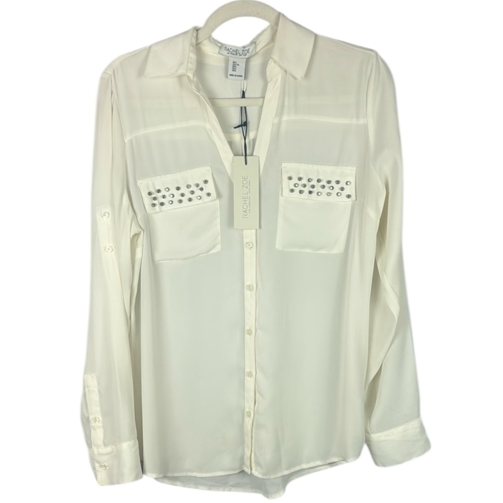 Rachel Zoe Casual White Button-Up Blouse with Metal Detail Size Large - Picture 1 of 13